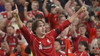 Selebrasi Federico Chiesa usai mencetak gol bagi Liverpool ke gawang Bournemouth di Anfield, Sabtu (16/08/2025) dini hari WIB. (AP Photo/Ian Hodgson).