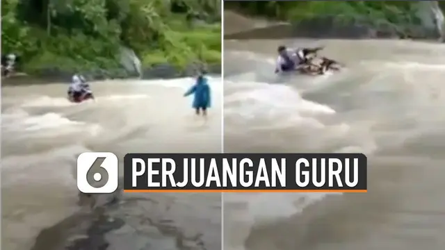 VIDEO: Perjuangan Guru Honorer Menerobos Sungai Hingga Tercebur