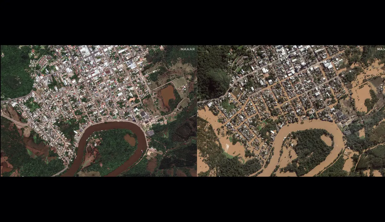 Kombinasi gambar yang dibuat pada 7 Mei 2024 dan dibuat dengan gambar satelit milik Maxar Technologies menunjukkan sebelum (kiri) dan sesudah (kanan) banjir yang melanda lingkungan yang terletak di tepi sungai Cai di Montenegro, negara bagian Rio Grande do Sul , Brasil. (Handout / Satellite image ©2024 Maxar Technologies / AFP)