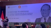 Menteri Luar Negeri Retno Marsudi dalam Seminar Nasional Pengusulan Gelar Pahlawan Nasional untuk Prof. Mochtar Kusumaatmadja di Kementerian Luar Negeri, Rabu (24/5/2023). (Liputan6/Benedikta Miranti)
