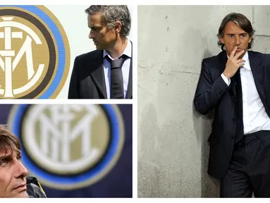 Foto kolase dari Jose Mourinho, Roberto Mancini, dan Antonio Conte yang pernah menangani Inter Milan hingga meraih gelar Scudetto. (Foto: AFP)