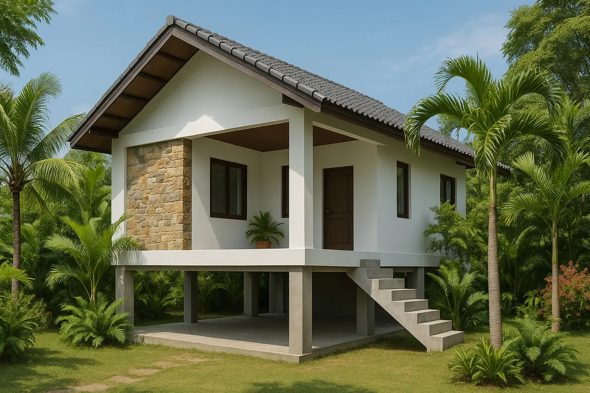 Rumah Sederhana dengan Pondasi Tinggi yang Asri (Foto: ChatGPT)
