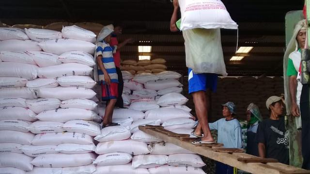 Bebera petugas gudang tengah memindahkan pupuk di salah satu gudang pupuk di wilayah Tasikmalaya, Jawa Barat.
