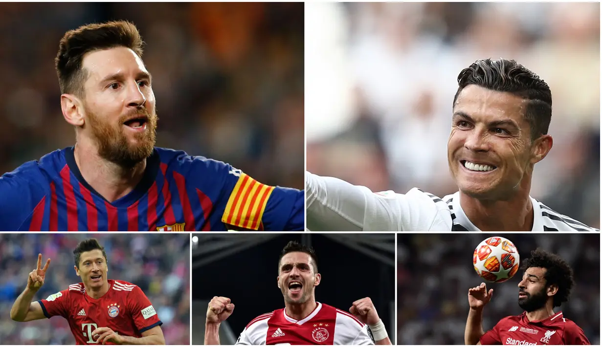 Pemain Barcelona, Lionel Messi, menjadi pencetak gol terbanyak di Champions League 2018-2019 dengan 12 gol. Sedangkan, striker Bayern Munchen, Robert Lewandowski, berada di urutan kedua yang disusul oleh Cristiano Ronaldo.​ (Kolase foto AFP)
