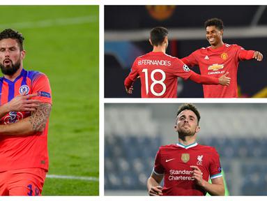 Hingga matchday ke-5 Liga Champions 2020/21, tercatat ada 5 pemain yang berhasil membuat trigol alias hattrick dalam satu pertandingan. Bahkan, striker Chelsea, Olivier Giroud melebihinya dengan mencetak 4 gol (quattrick). Siapa saja yang lain? (Kolase Foto AP dan AFP)