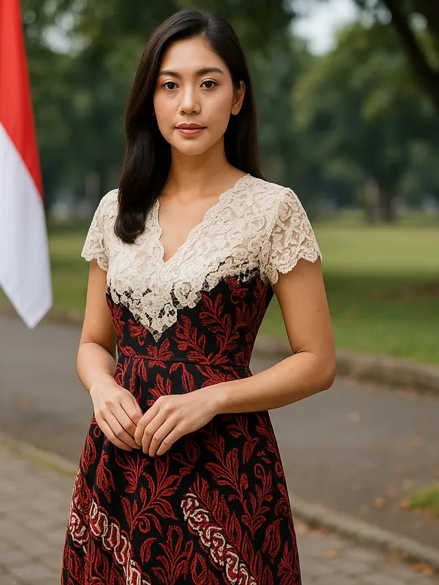 7 Model Midi Dress Batik Kombinasi Brokat untuk Non Hijab Modern Tema Hari Kemerdekaan, Tampil Anggun dan Patriotik