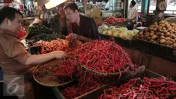 Pedagang menata cabai untuk di jual di Pasar di Jakarta, Senin (20/2).  Kementan tidak akan mengambil langkah untuk mengimpor cabe dan bawang. Walau pun saat ini, harga cabe dan bawang mengalami keniakan. (Liputan6.com/Angga Yunair)