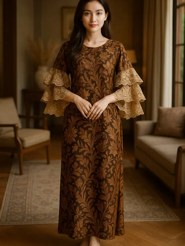 Model Batik Brokat Kombinasi Lengan Pagoda Tiga Lapis