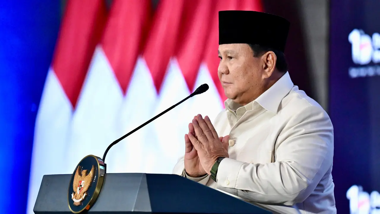Presiden Prabowo Subianto saat menghadiri Tasyakuran 1 Tahun Danantara di Wisma Danantara Jakarta.