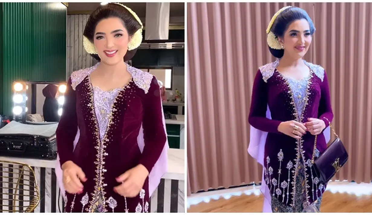 Pakai kebaya beludru dengan aksen bunga dibawahnya dan payet mutiara di bagian tengah baju dari atas sampai bawah, Ashanty tampil anggun dan memesona. Kebaya yang dikenakan Ashanty di acara mitoni Aurel ini merupakan rancangan desainer ternama Rika Wirtjes. Rika membuat khusus kebaya dan beskap untuk Ashanty, Anang Hermansyah, Azriel, Arsy dan Arsya. (Liputan6.com/IG/@rikawirtjes)