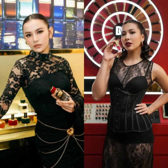 Mahalini dan Andrea Bimo di Opening Dolce & Gabbana Beauty tampil senada dengan dress lace. [@mahaliniraharja/@andreadianbimo]