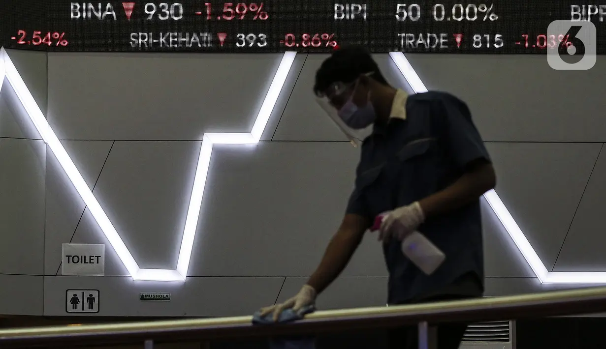 Petugas kebersihan bekerja di depan layar Indeks Harga Saham Gabungan (IHSG) di Bursa Efek Indonesia, Jakarta, Jumat (22/1/2021). Transaksi bursa agak surut dengan nyaris 11 miliar saham diperdagangkan sebanyak lebih dari 939.000 kali. (Liputan6.com/Johan Tallo)