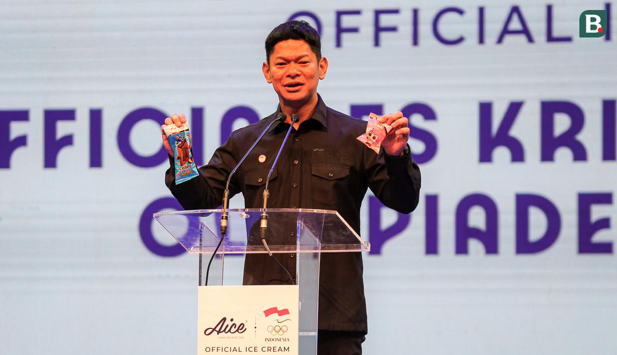 <p>Ketua NOC Indonesia, Raja Sapta Oktohari memberikan sambutan saat acara peresmian Aice sebagai es krim ofisial Tim Indonesia di Olimpiade 2024 di Djakarta Theater XXI, Jakarta, Jumat (05/07/2024). (Bola.com/Bagaskara Lazuardi)</p>