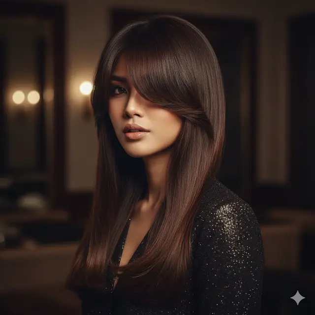 Model Rambut Wanita Panjang Lurus Poni Samping
