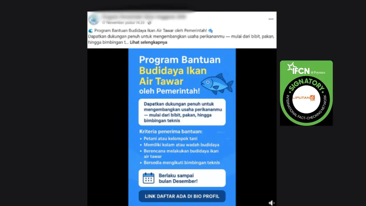 Tangkapan layar klaim link pendaftaran bantuan budidaya ikan air tawar dari pemerintah yang beredar di Facebook.