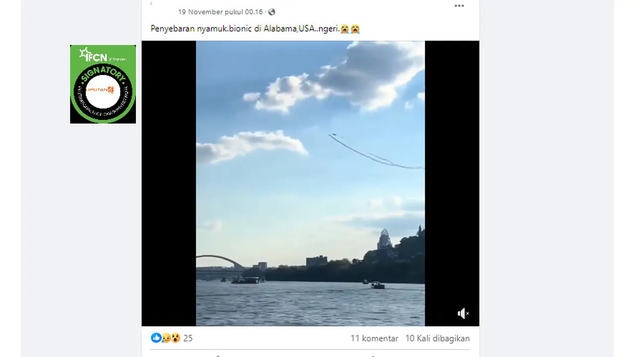 Tangkapan layar klaim video penyebaran nyamuk bionik dengan pesawat