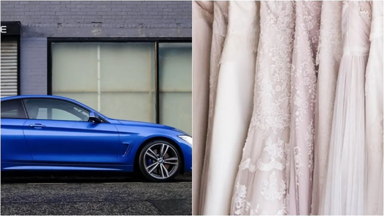 Ilustrasi membersihkan mobil dengan gaun pengantin