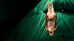 Seorang pemain akrobat melakukan atraksinya saat pratinjau media untuk  pertunjukan ‘Cirque Du Soleil: Kooza’ di Singapura, Selasa (11/7). Kata Kooza berarti ‘kotak’ atau ‘harta karun’ yang merupakan konsep pertunjukan ini. (AP/ Wong Maye-E)