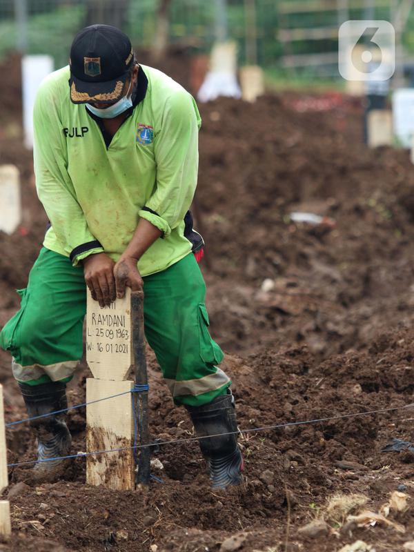 Petugas merapikan nisan makam jenazah dengan protokol COVID-19 di TPU Srengseng Sawah, Jakarta, Kamis (21/1/2021). Sebagian lahan TPU Srengseng Sawah dijadikan pemakaman jenazah Covid-19 sejak Selasa (12/1) lalu, dengan kapasitas 564 petak makam kini nyaris penuh. (Liputan6.com/Helmi Fithriansyah)