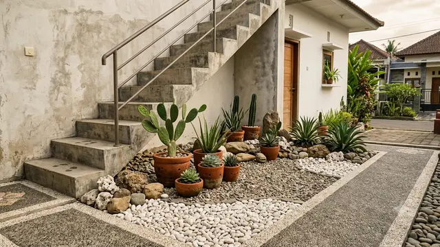 Ide Taman Mini di Bawah Tangga Luar Rumah