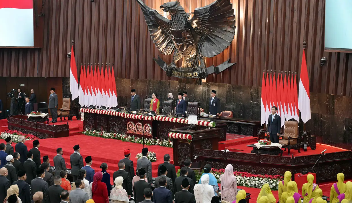Terdapat 128 anggota MPR yang absen dalam sidang tahunan menjelang peringatan Hari Ulang Tahun (HUT) Ke-80 Republik Indonesia. (BAY ISMOYO/AFP/POOL)