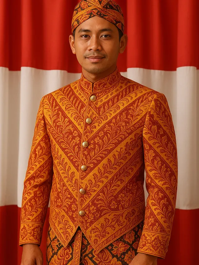 Model Beskap & Belangkon untuk Pria untuk Peringatan Hari Kemerdekaan 17 Agustus 1945 (Image by ChatGPT)