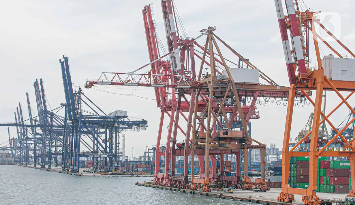 Suasana bongkar muat di Pelabuhan Tanjung Priok, Jakarta, Minggu (11/1/2021). Berdasarkan data yang dirilis Bank Indonesia (BI), neraca perdagangan Indonesia pada Januari-November 2020 mencapai surplus 19,66 miliar dolar AS. (Liputan6.com/Faizal Fanani)