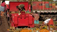 Warga mengumpulkan buah-buahan dan sayuran yang dibuang oleh pedagang kaki lima di Belem, Para, Brasil, 4 November 2021. Menurut pemerintah Brasil, sekitar 19 juta orang warganya mengalami kelaparan selama setahun terakhir. (Raimundo Pacco/AFP)