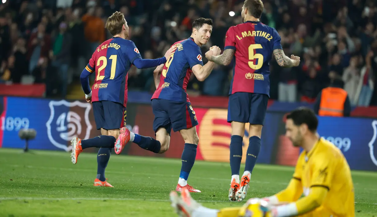 Barcelona susah payah menaklukkan Rayo Vallecano dengan skor tipis 1-0 pada laga pekan ke-24 LaLiga 2024/2025 di Estadi Olimpic Lluis Companys, Selasa dini hari WIB (18/2/2025). (AP Photo/Joan Monfort)