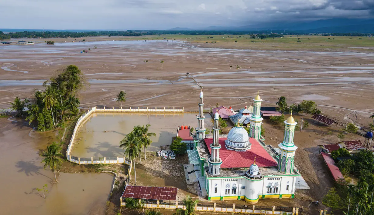 Diketahui, Meureudu, ibu kota Kabupaten Pidie Jaya, merupakan salah satu lumbung pangan utama di wilayah Aceh dan memiliki sektor pertanian padi yang signifikan. Tampak foto udara menunjukkan sebuah masjid dan sawah yang terendam lumpur setelah banjir bandang di Meureudu, Kabupaten Pidie Jaya, Provinsi Aceh, pada Senin 8 Desember 2025. (Chaideer MAHYUDDIN/AFP)