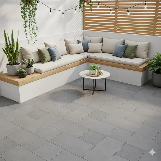 Teras Kecil dengan Kursi Tembok Permanen