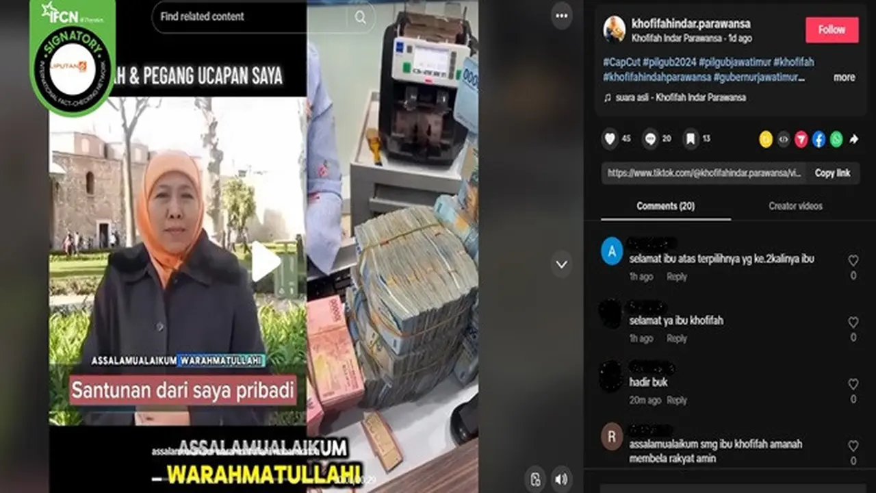 Gambar tangkapan layar kabar tentang cagub Jatim Khofifah Indar Parawansa membagikan santunan lewat video di TikTok. (sumber: TikTok)