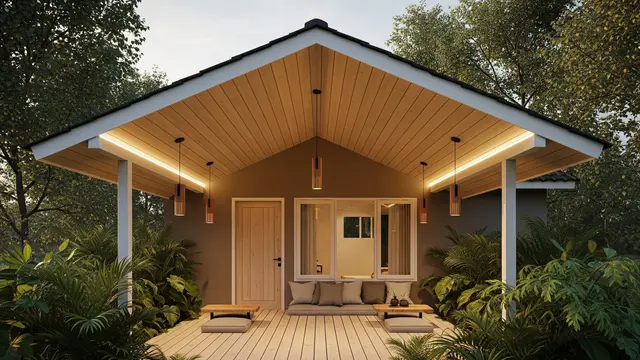 Teras Lesehan Modern dengan Lantai Kayu atau Dek WPC
