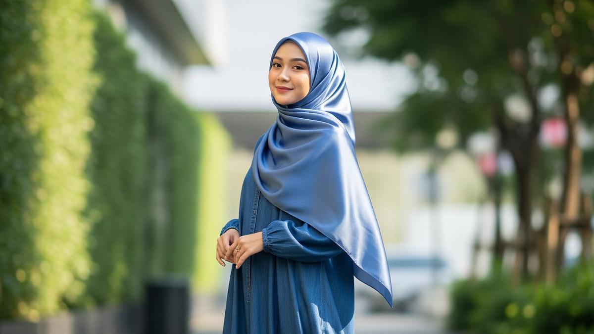 19 Inspirasi Gamis Kombinasi dengan Pashmina Satin, Tampil Cantik, Elegan, dan Syar'i