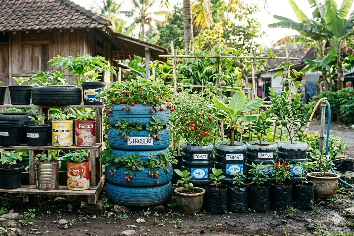 Konsep Kebun Buah Mini Low Budget dari Barang Bekas Kreatif. AI