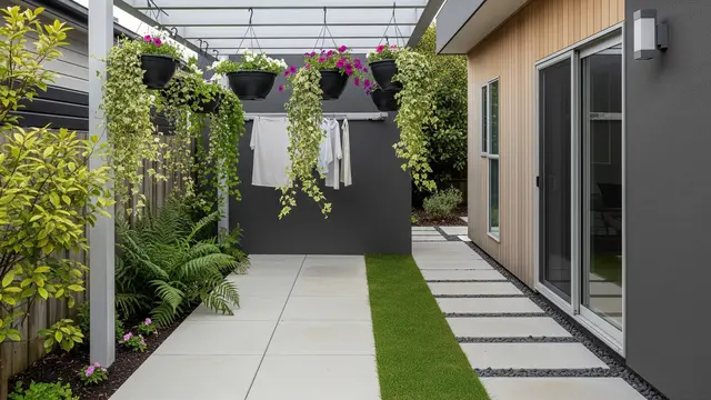 Area Samping Rumah Modern dengan Pot Gantung