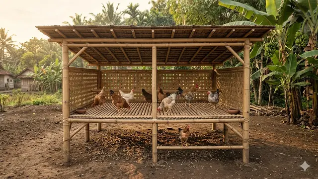 Model Kandang Ayam Bambu Modern Sirkulasi Udara Maksimal. AI