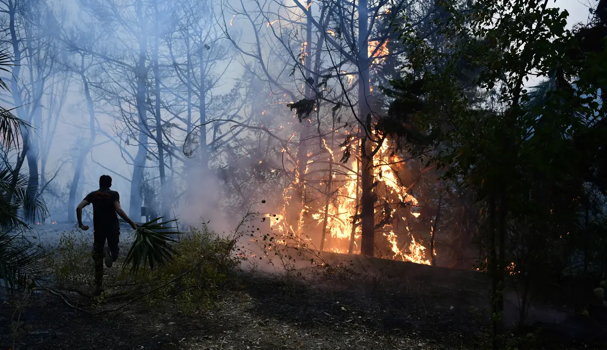 Api berkobar saat kebakaran hutan di daerah Adames, utara Athena, Yunani, Selasa (3/8/2021). Gelombang panas yang membakar Mediterania timur semakin intensif. (AP Photo/Michael Varaklas)