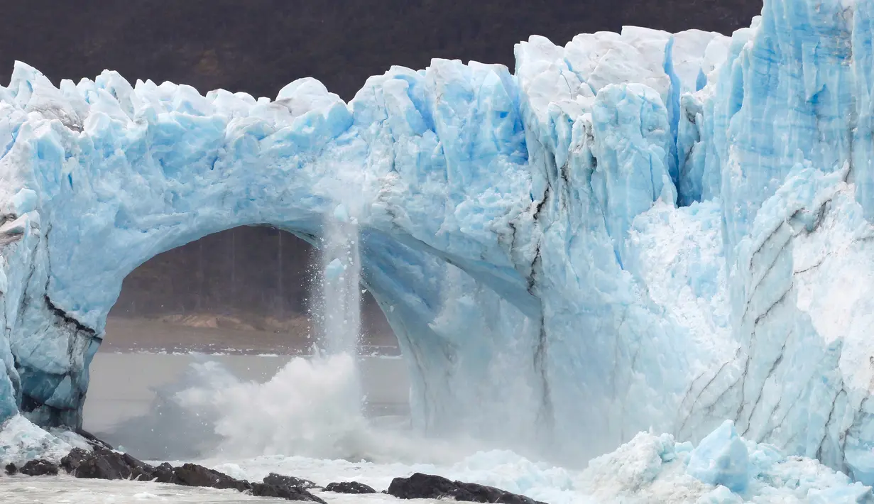 Fenomena dinding es raksasa dari Gletser Perito Moreno saat runtuh di Taman Nasional Los Glaciares, Argentina, Kamis (10/3). Yang paling menarik wisatawan berkunjung ke sana yaitu runtuhnya bongkahan es raksasa gletser tersebut. (AFP PHOTO/Walter Diaz)