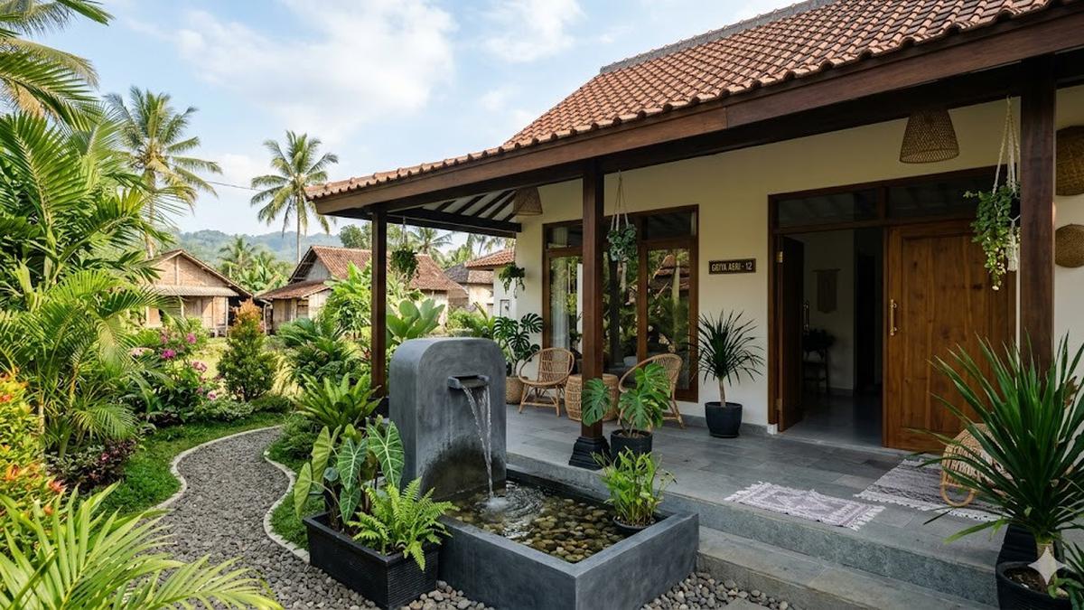 10 Desain Rumah Desa Sederhana dengan Pancuran Mini di Teras, Nuansa Relaksasi