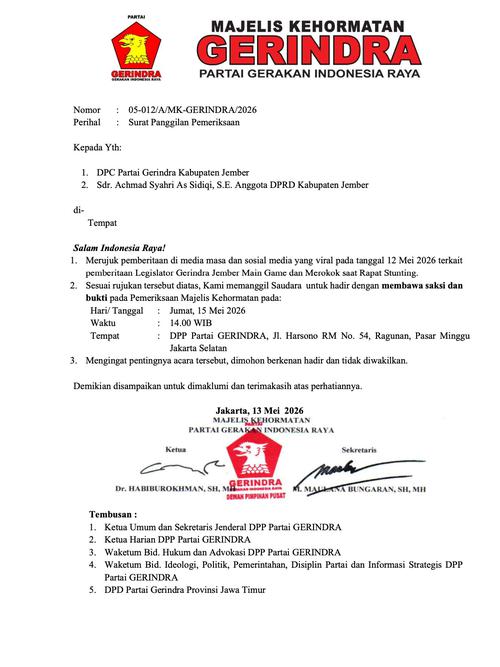 surat penggilan Gerindra untuk anggota DPRD Jember, Ahmad Syahri As Sidiqi
