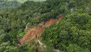 Sebelumnya, jalan lintas utama di Kabupaten Bener Meriah, Provinsi Aceh putus total akibat tertutup material longsor sejak 25 November 2025. Tampak foto udara yang diambil menggunakan drone ini menunjukkan jalan yang terputus akibat longsor di Bener Meriah, Provinsi Aceh, Rabu 3 Desember 2025. (AP Photo/Syahrul Rizal)