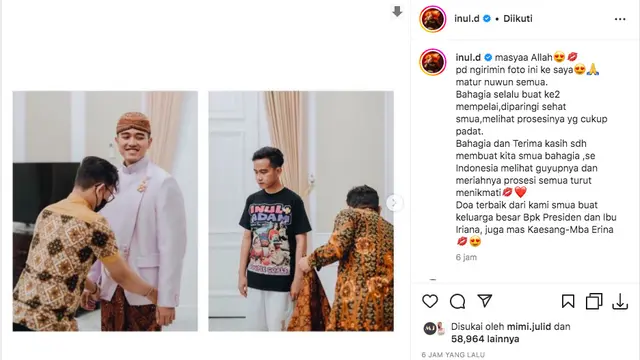 Gibran Rakabuming Pakai Kaus Bergambar Inul Daratista dan Adam Suseno sebelum Midodareni Kaesang Pangarep. (instagram.com/inul.d)