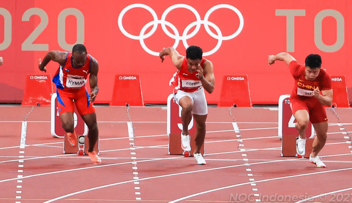 Pada Olimpiade 2020 Tokyo, Lalu Muhammad Zohri (tengah) mencatatkan waktu 10,26 detik dan terhenti pada babak heat atau penyisihan. (Dok NOC Indonesia)
