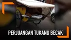 Seorang tukang becak menjadi perhatian pengguna jalan ketika mengangkut triplek. Sekilas, becaknya seperti sedang berjalan sendiri. Tapi ternyata tidak. Ia mengayuh becaknya sambil tengkurap.