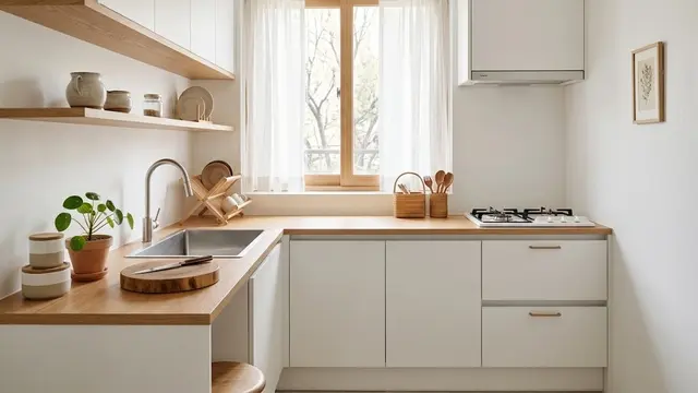 Dapur Putih dengan Aksen Kayu Terang