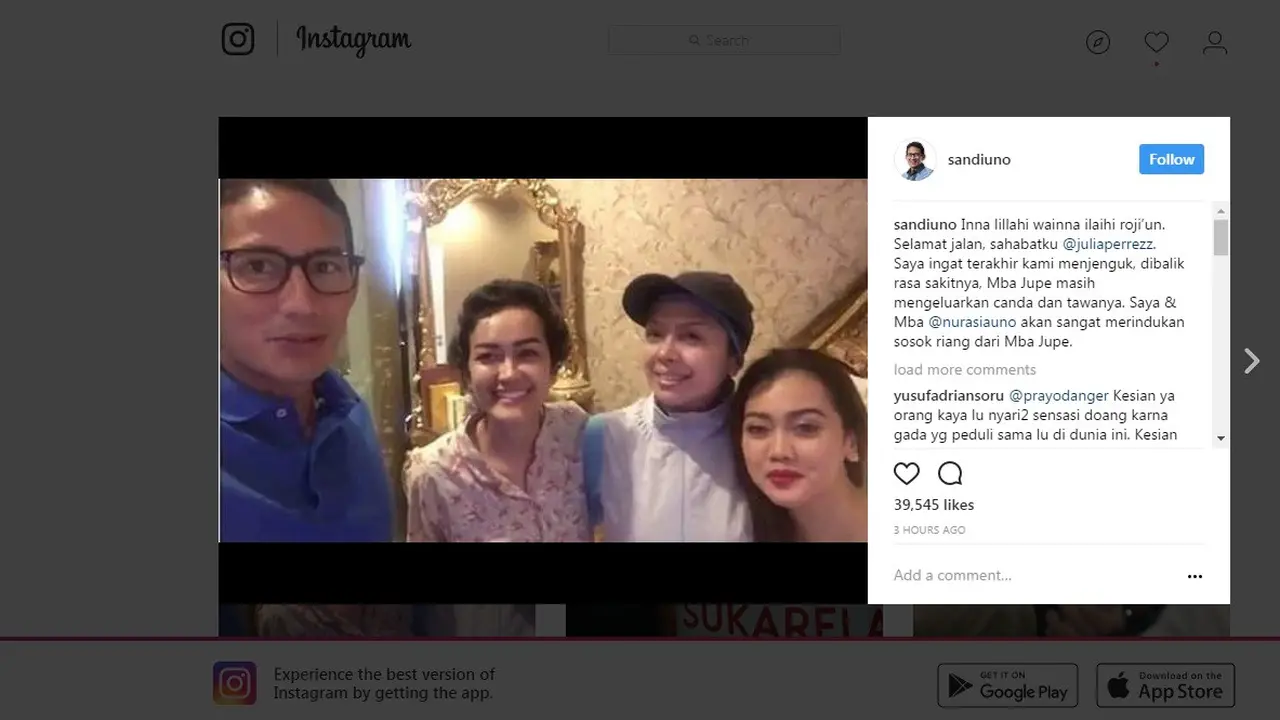 Sandiaga Uno bersama sang istri saat menjenguk Julia Perez.