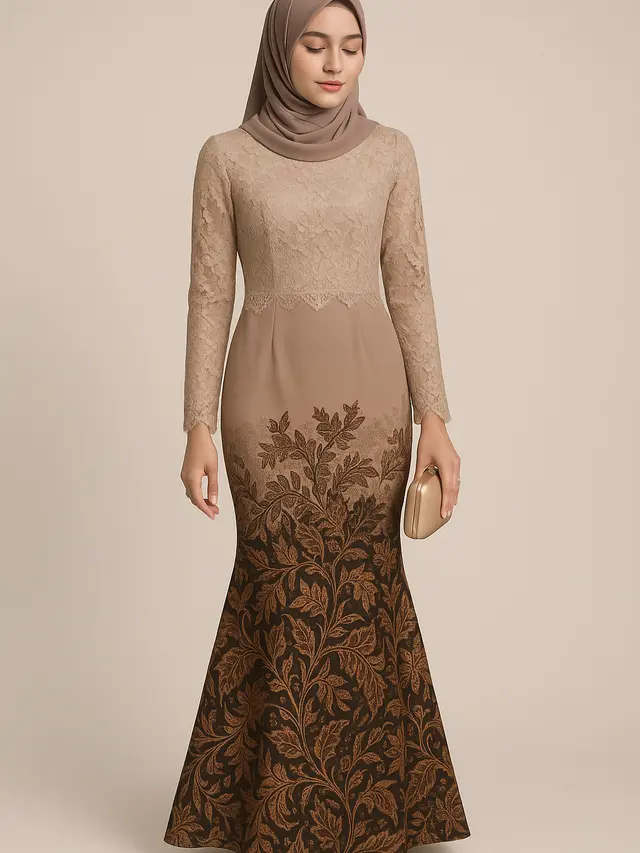 Model Dress Batik Panjang Muslim Kombinasi Polos dan Brokat