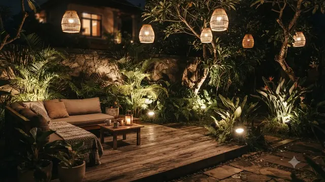 Area Santai Outdoor dengan Lampu Warm White