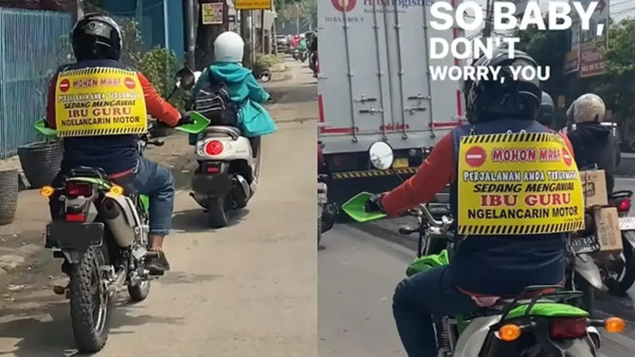 Cara Unik Mengawal Ibu Guru yang Belum Lancar Mengendarai Sepeda Motor
